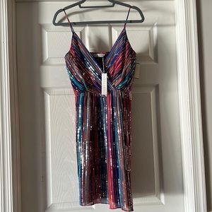 Sequined multi-color cocktail dress with adjustable straps.